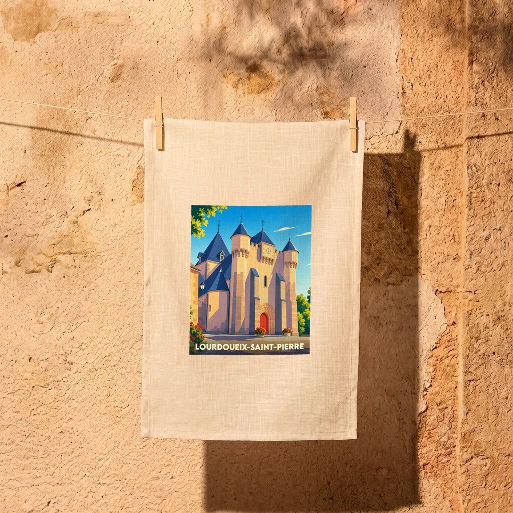 Torchon souvenir de la ville de Lourdoueix-Saint-Pierre avec une illustration stylisée de son église fortifiée.