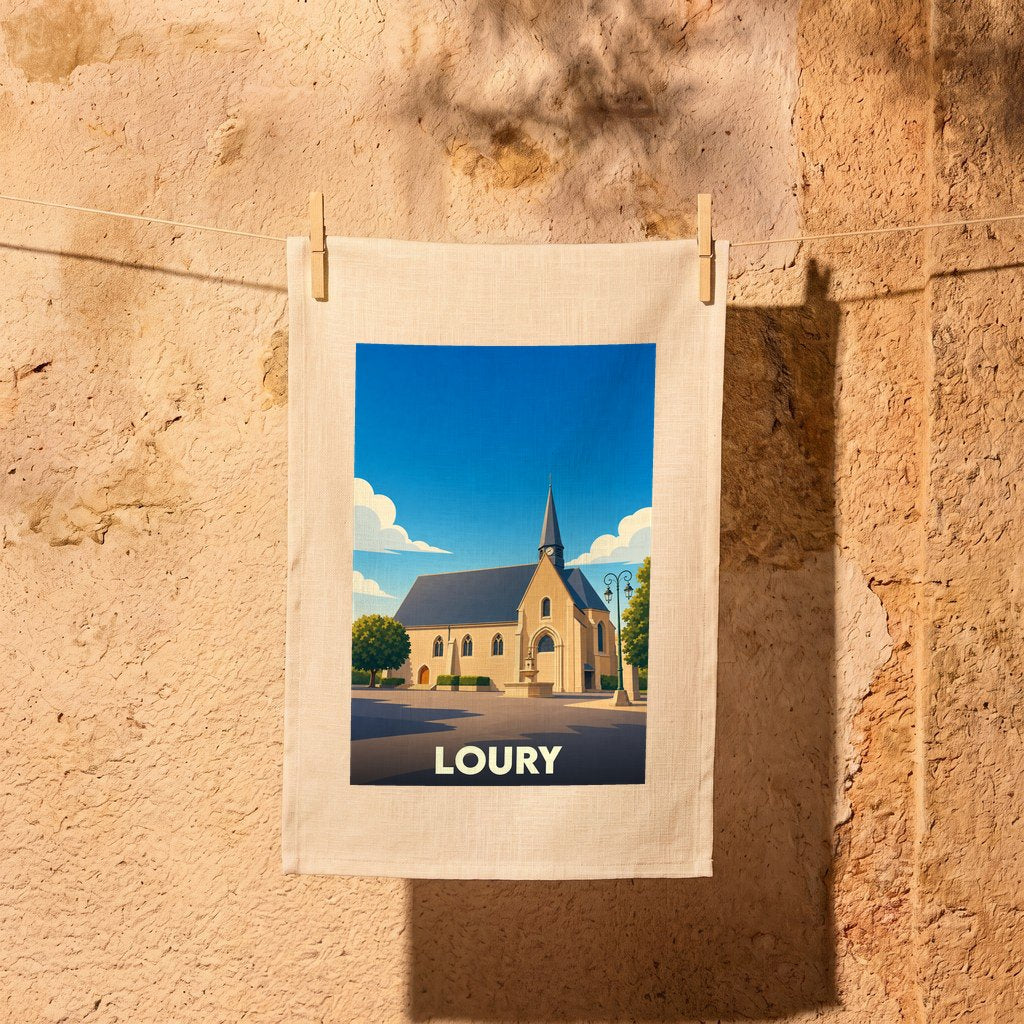 Torchon souvenir de la ville de Loury illustré d'une vue stylisée de son église sous un ciel bleu.