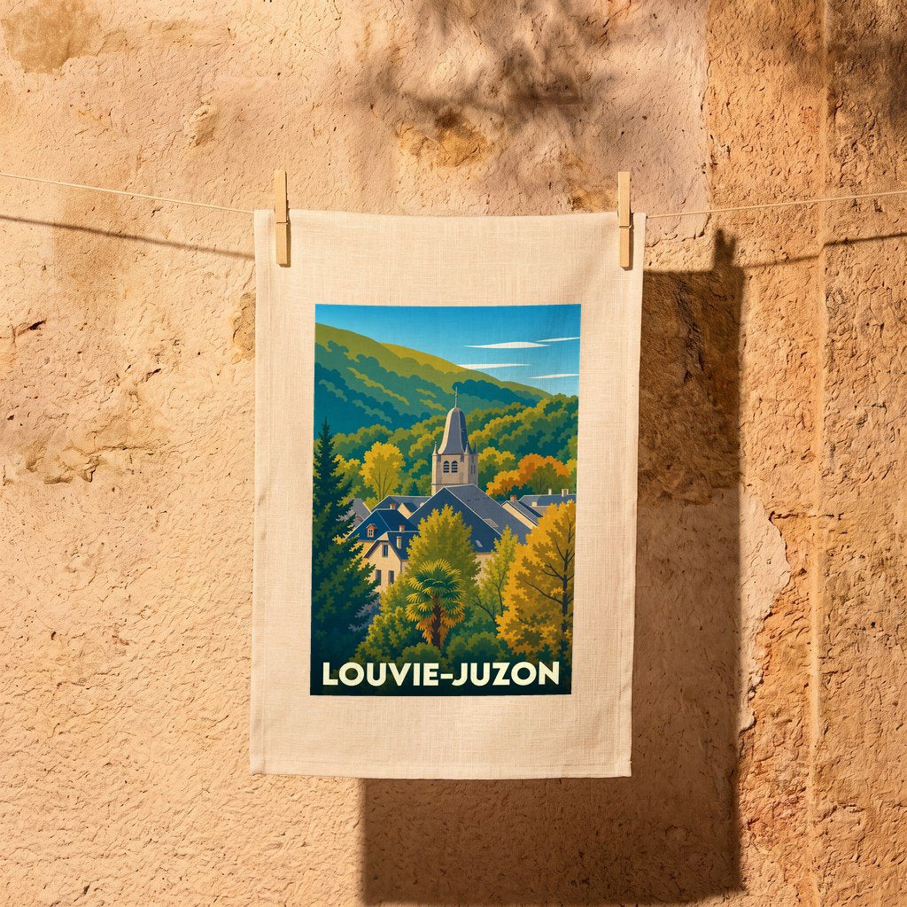 Torchon souvenir de la ville de Louvie-Juzon avec une illustration stylisée de son église et de ses montagnes.