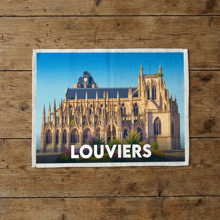 Torchon souvenir de la ville de Louviers avec une illustration stylisée.