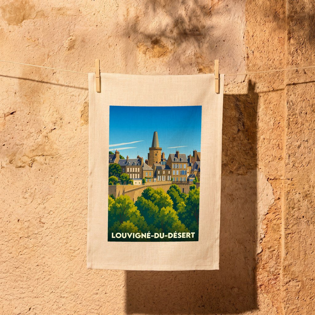 Torchon souvenir de la ville de Louvigné-du-Désert avec une illustration stylisée.