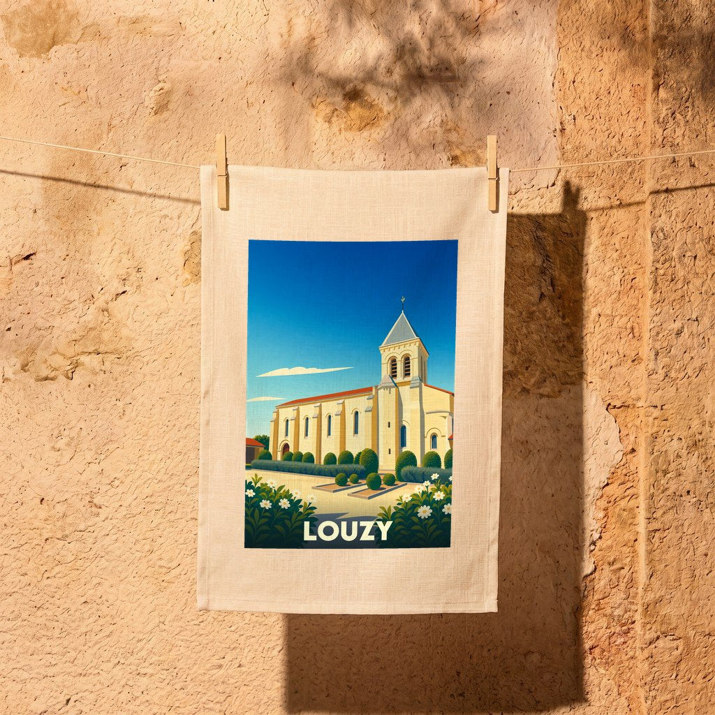 Torchon souvenir de la ville de Louzy avec une illustration stylisée de son église.