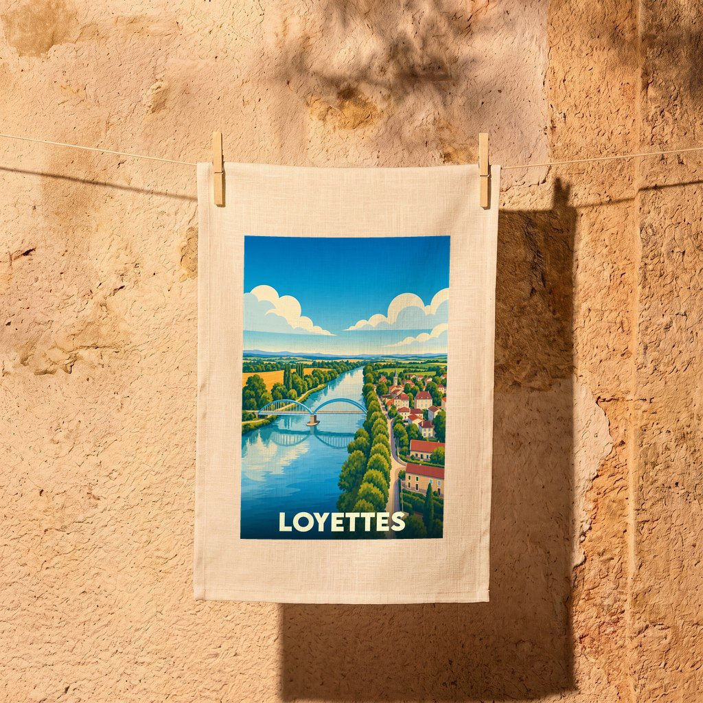 Torchon souvenir de la ville de Loyettes avec une illustration stylisée d'un pont enjambant une rivière.