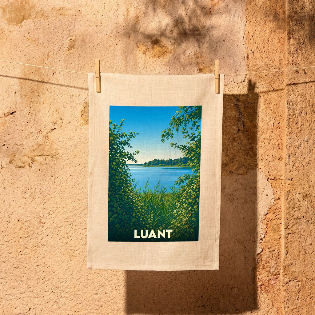 Torchon souvenir de la ville de Luant avec une illustration stylisée d'un paysage lacustre.