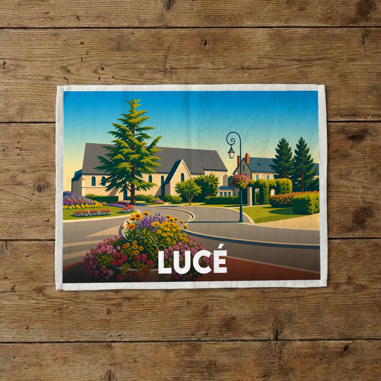 Torchon souvenir de la ville de Lucé avec une illustration stylisée.