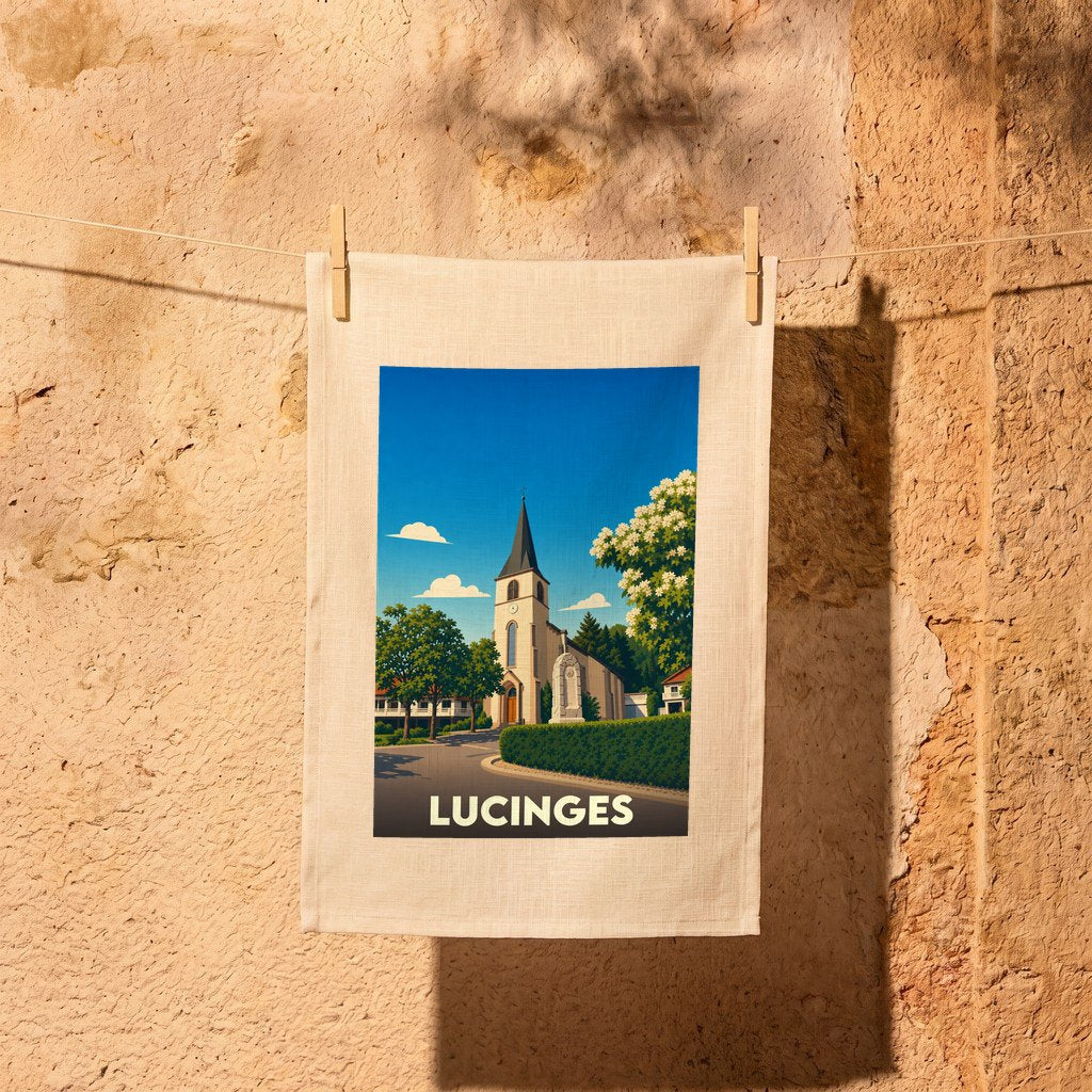 Torchon souvenir de la ville de Lucinges illustré d'un dessin stylisé de son église.