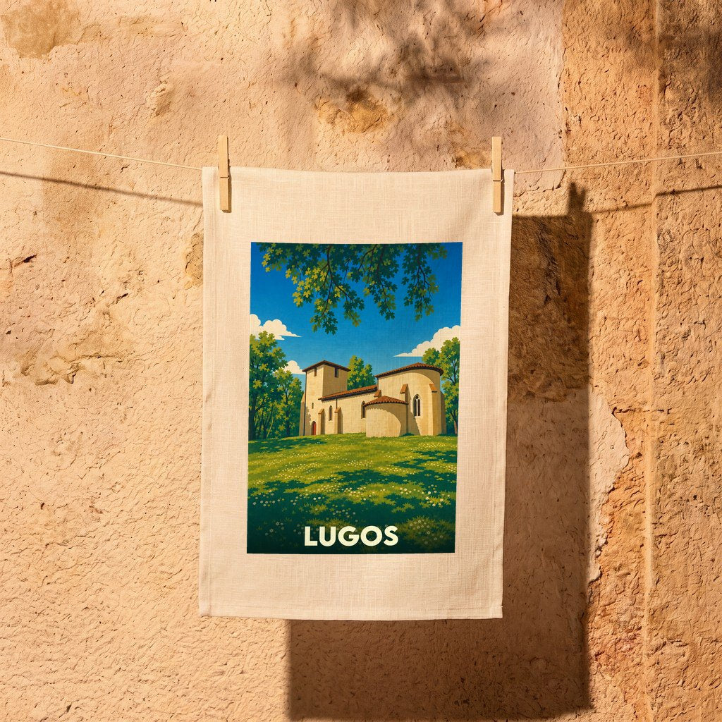 Torchon souvenir de la ville de Lugos avec une illustration stylisée d'une église romane dans un paysage verdoyant.
