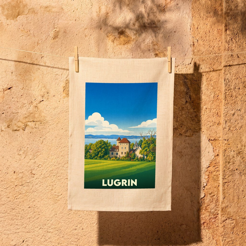 Torchon souvenir de la ville de Lugrin avec une illustration stylisée d'un paysage lacustre.