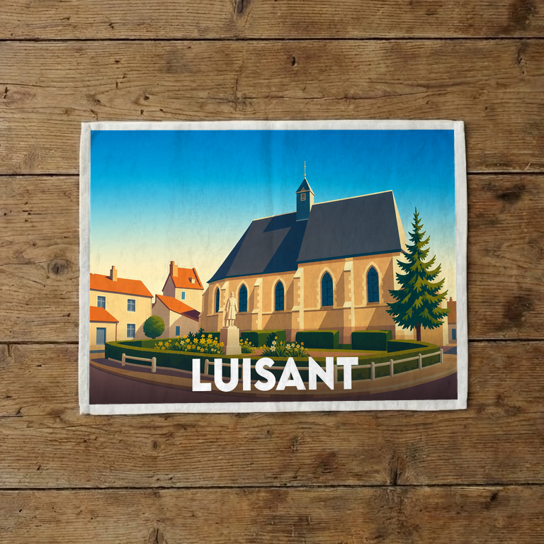 Torchon souvenir de la ville de Luisant avec une illustration stylisée de son église et de son centre-ville.