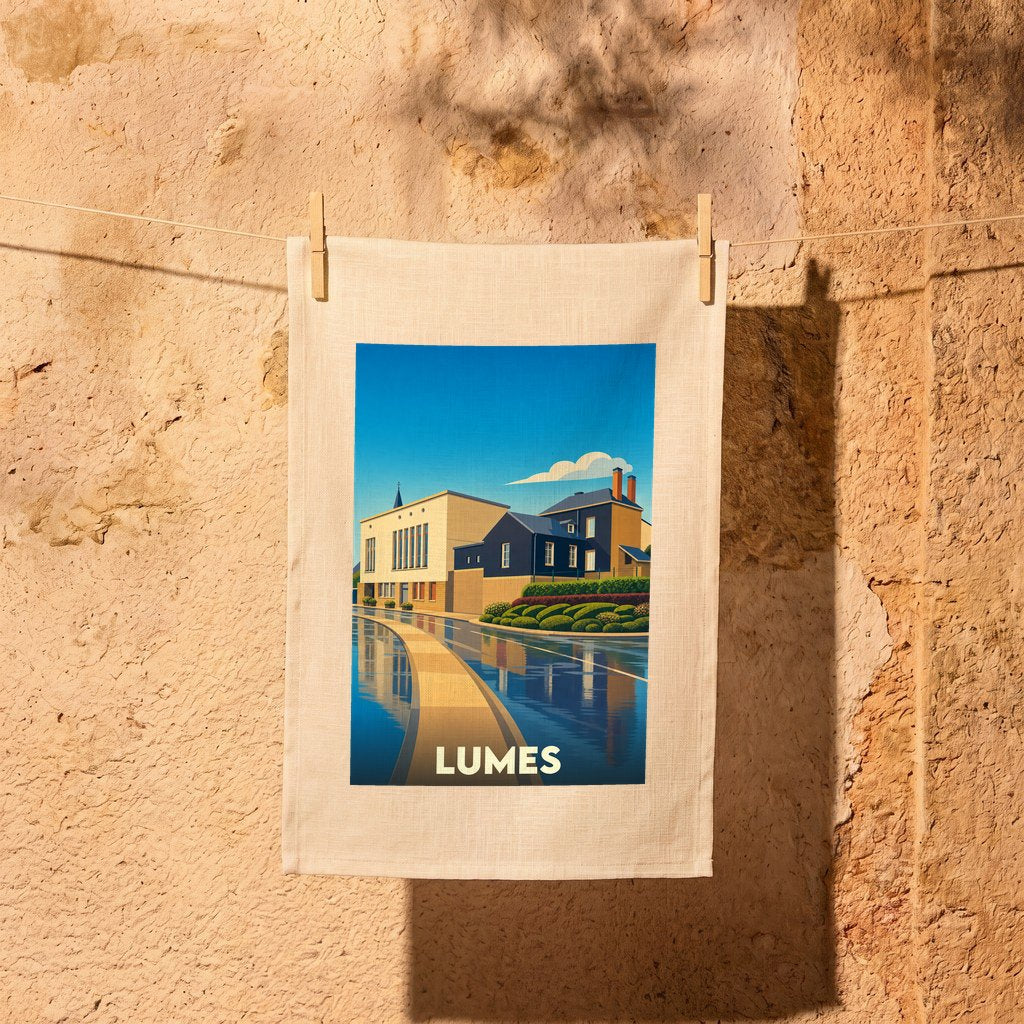 Torchon souvenir de la ville de Lumes orné d'une illustration stylisée de ses bâtiments et de leurs reflets.