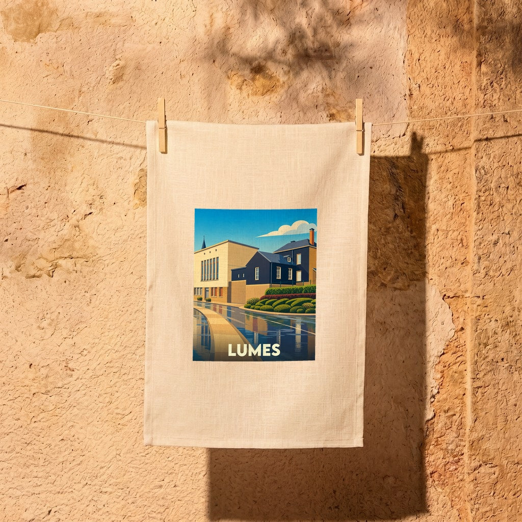 Torchon souvenir de la ville de Lumes orné d'une illustration stylisée de ses bâtiments et de leurs reflets.