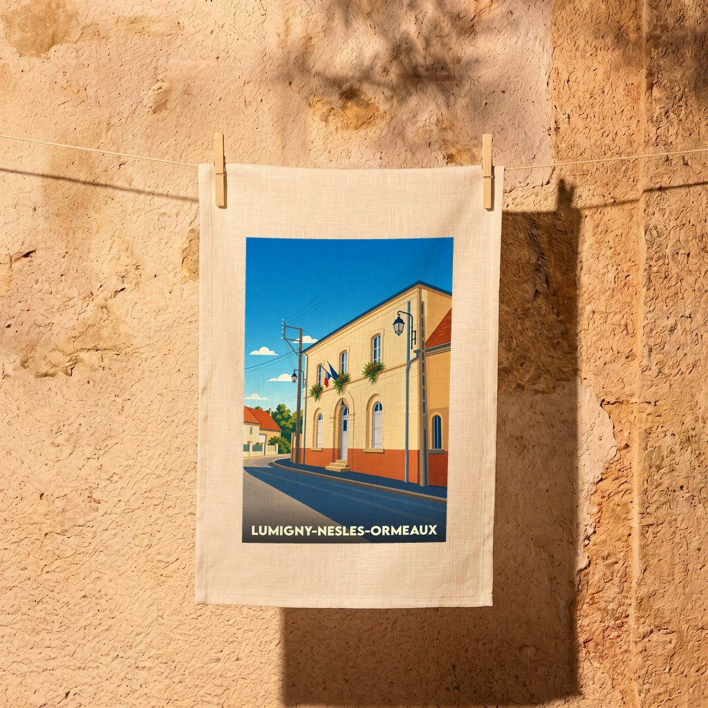 Torchon souvenir de la ville de Lumigny-Nesles-Ormeaux avec une illustration stylisée de sa mairie.