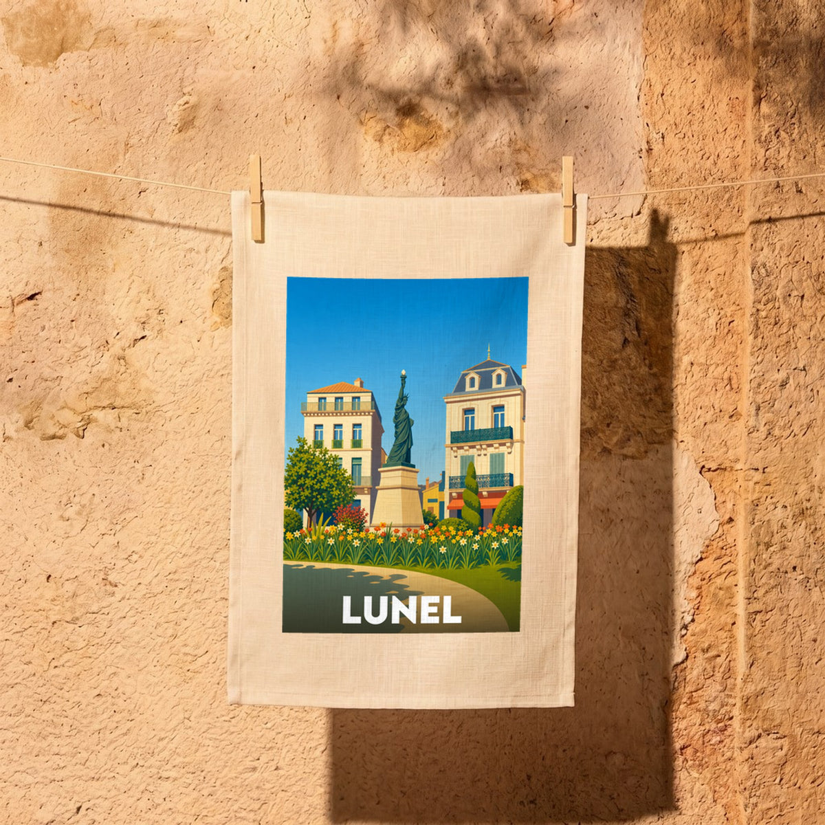 Torchon souvenir de la ville de Lunel illustré d'une réplique de la statue de la Liberté entourée de bâtiments de style haussmannien.