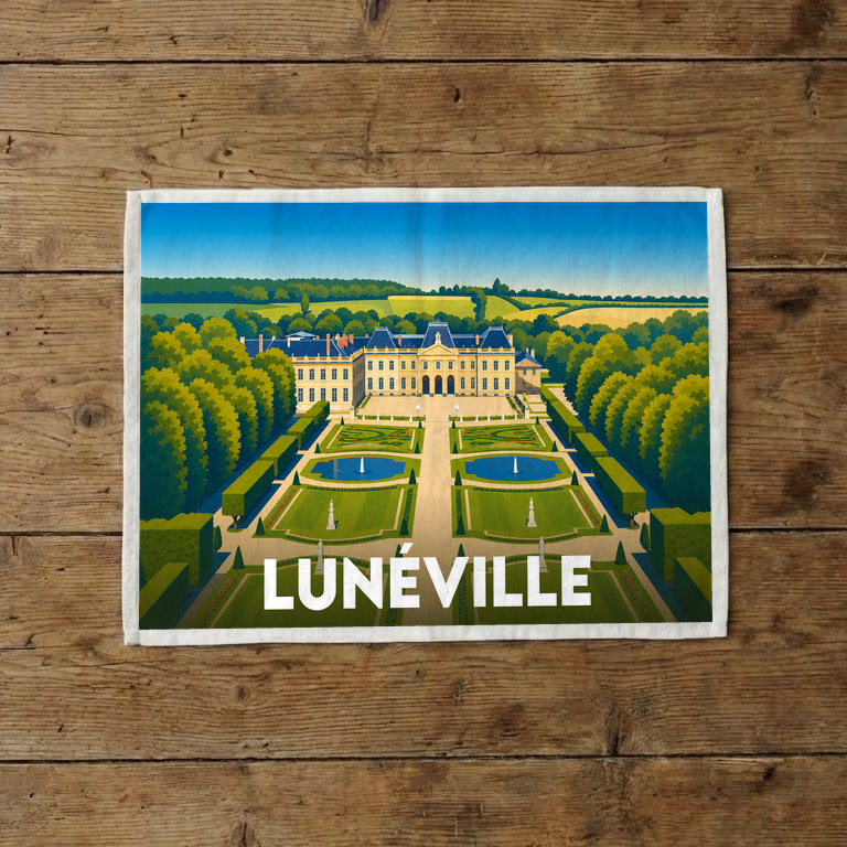 Torchon souvenir de la ville de Lunéville avec une illustration stylisée de son château.