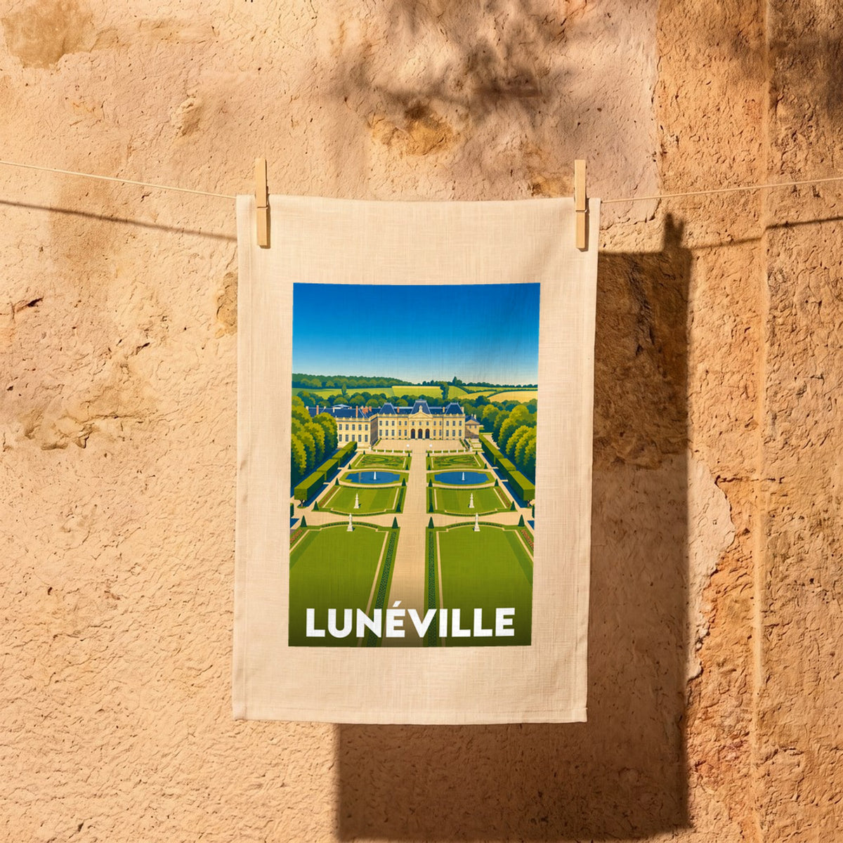 Torchon souvenir de la ville de Lunéville avec une illustration stylisée de son château.
