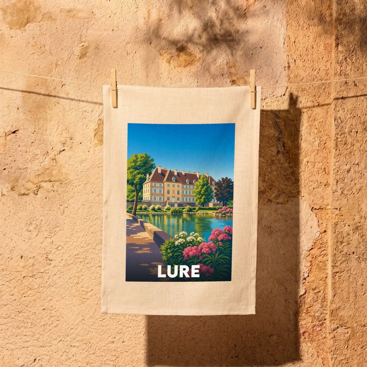 Torchon souvenir de la ville de Lure illustré d'un château au bord de l'eau.