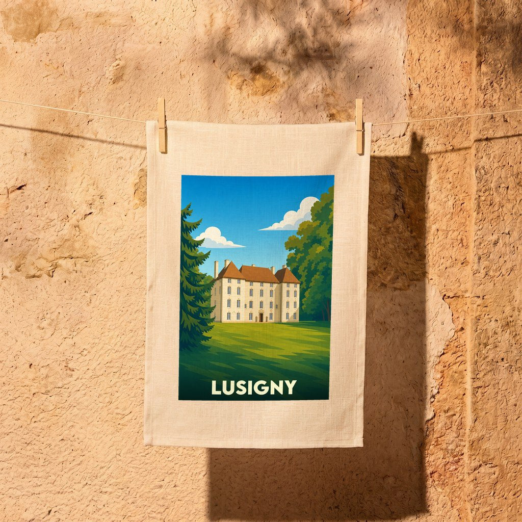 Torchon souvenir de la ville de Lusigny avec une illustration stylisée d'un château.