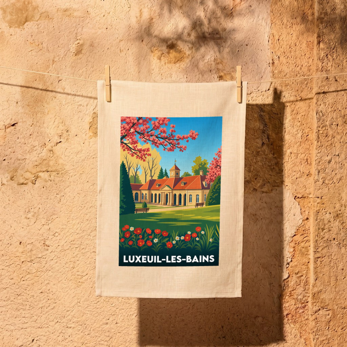 Torchon souvenir de la ville de Luxeuil-les-Bains avec une illustration stylisée de ses thermes.