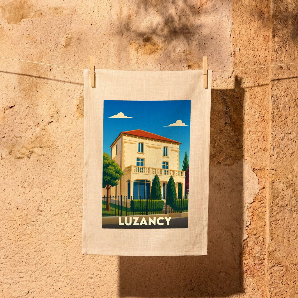 Torchon souvenir de la ville de Luzancy avec une illustration stylisée d'une demeure bourgeoise.