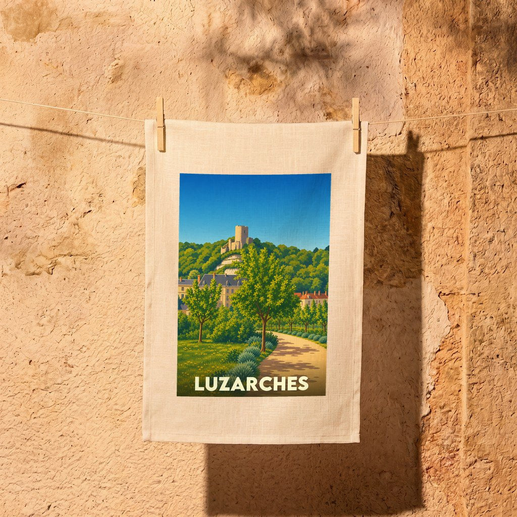 Torchon souvenir de la ville de Luzarches orné d'une illustration stylisée de son paysage historique.