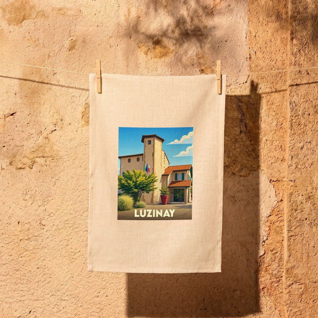 Torchon souvenir de la ville de Luzinay avec une illustration stylisée d'un bâtiment provençal.