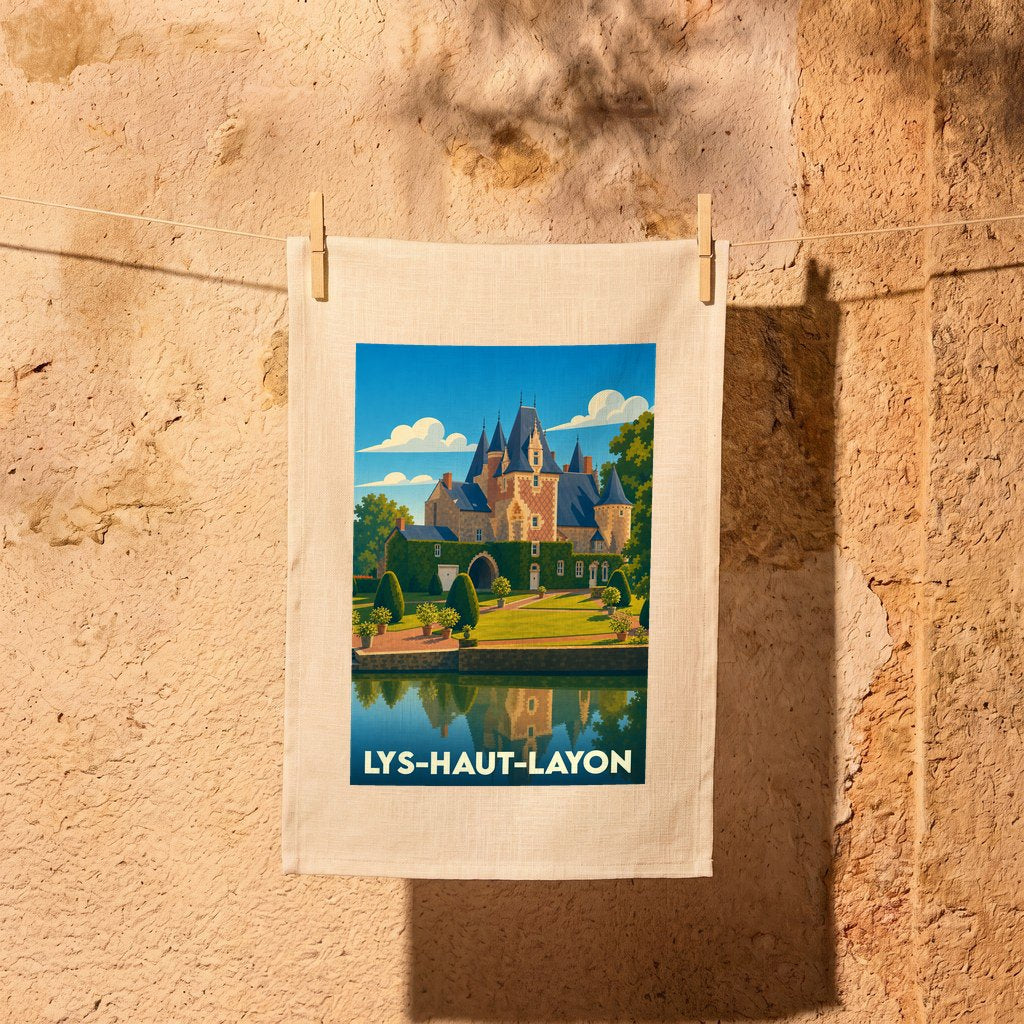 Torchon souvenir de la ville de Lys-Haut-Layon avec une illustration stylisée d'un château au bord de l'eau.