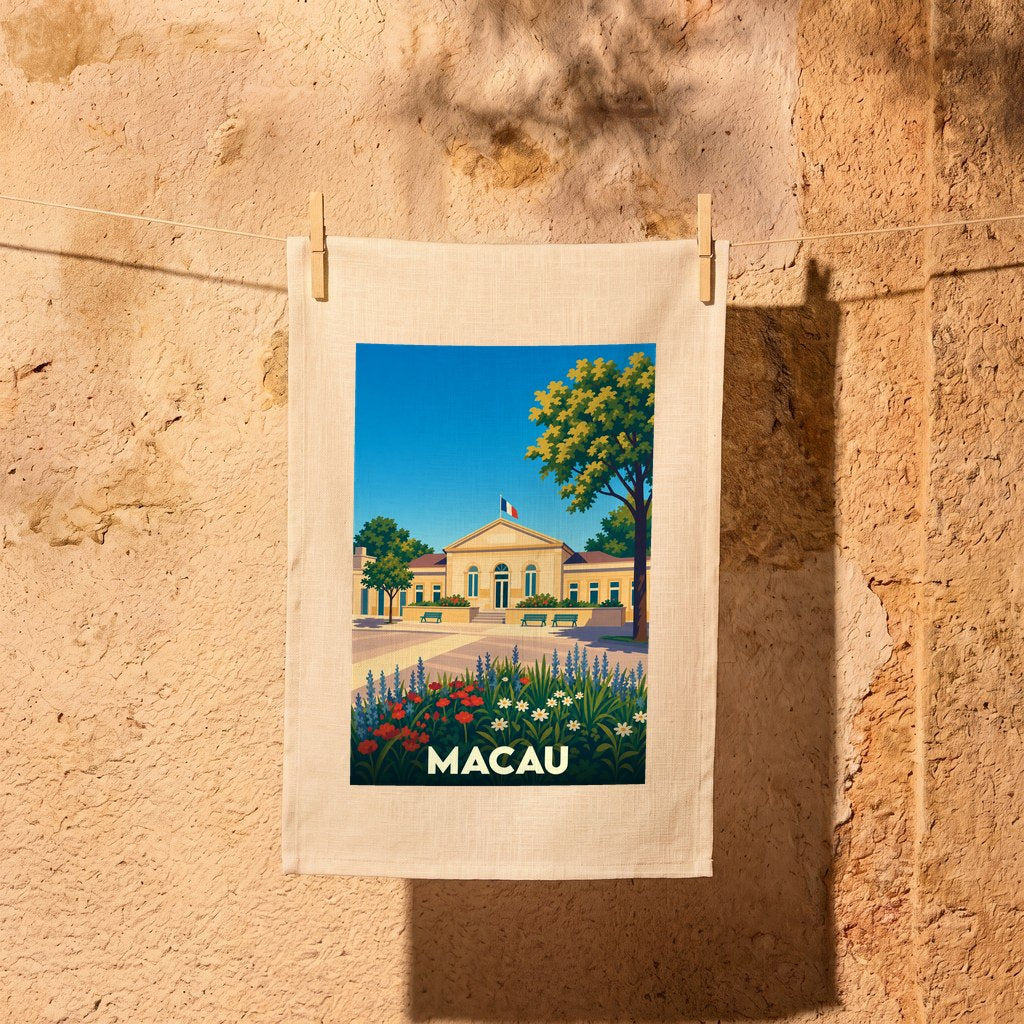 Torchon souvenir de la ville de Macau avec une illustration stylisée d'un bâtiment historique et de jardins fleuris.