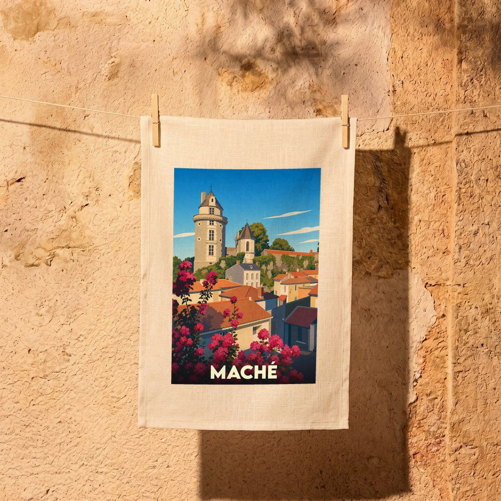 Torchon souvenir de la ville de Maché avec une illustration stylisée.