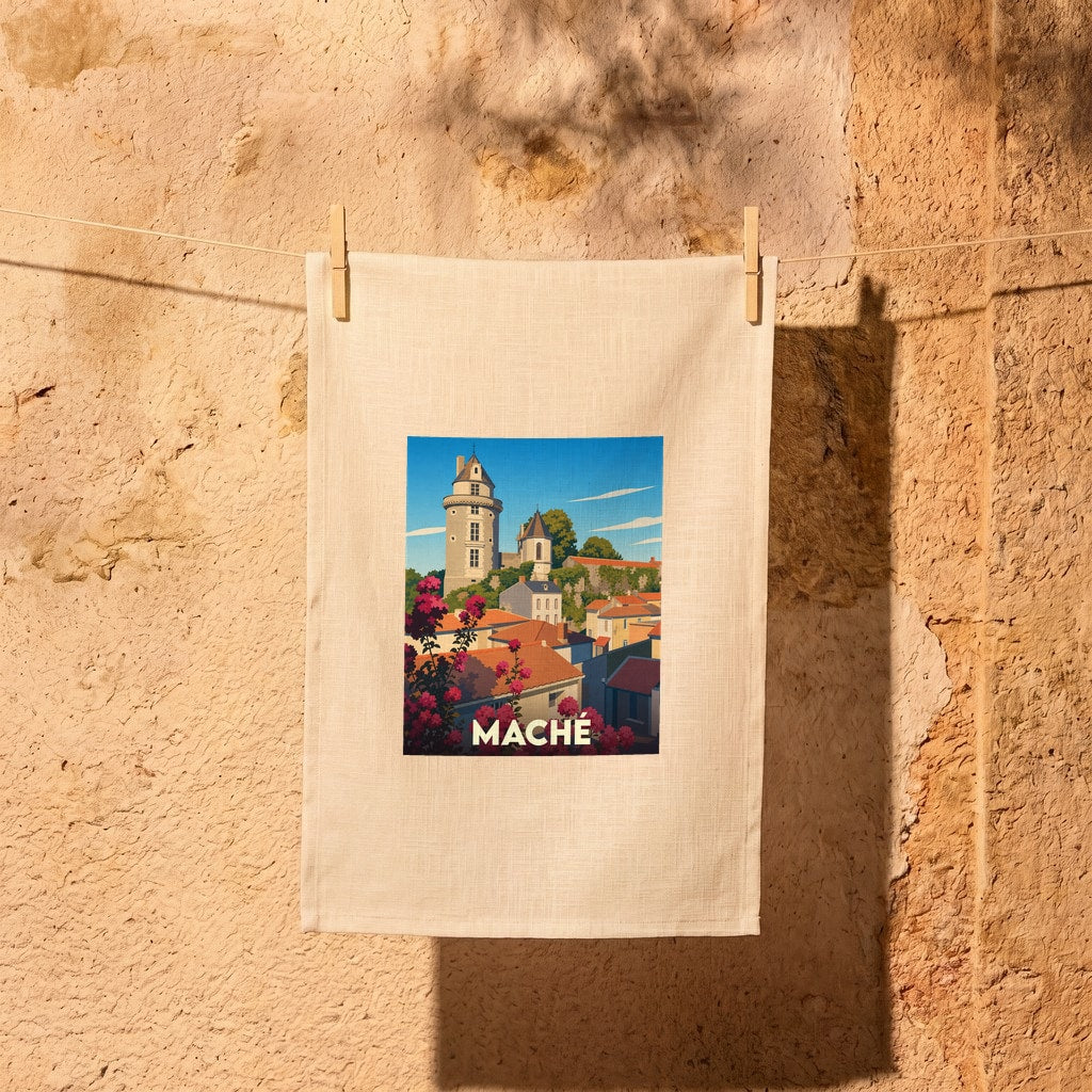 Torchon souvenir de la ville de Maché avec une illustration stylisée.