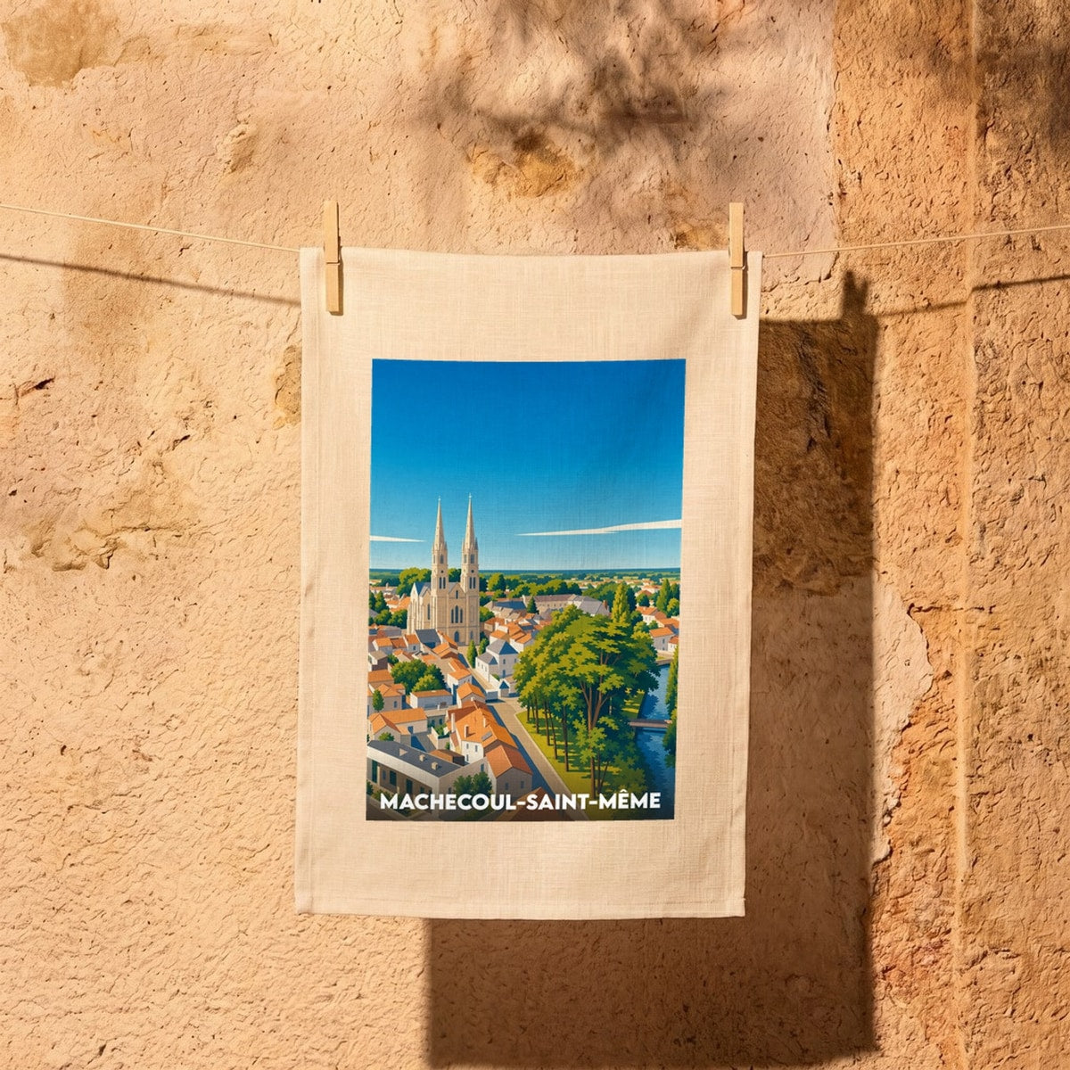 Torchon souvenir de la ville de Machecoul-Saint-Même avec une illustration stylisée de son église et de ses toits.
