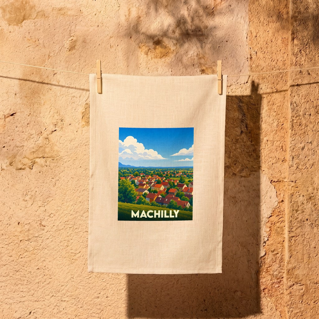 Torchon souvenir de la ville de Machilly avec une illustration stylisée d'un paysage de campagne.