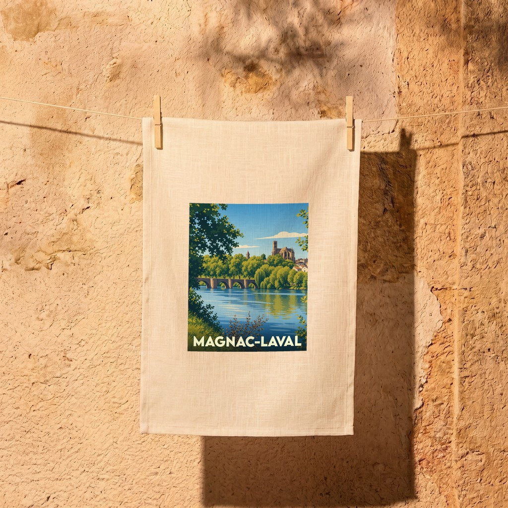 Torchon souvenir de la ville de Magnac-Laval avec une illustration stylisée.