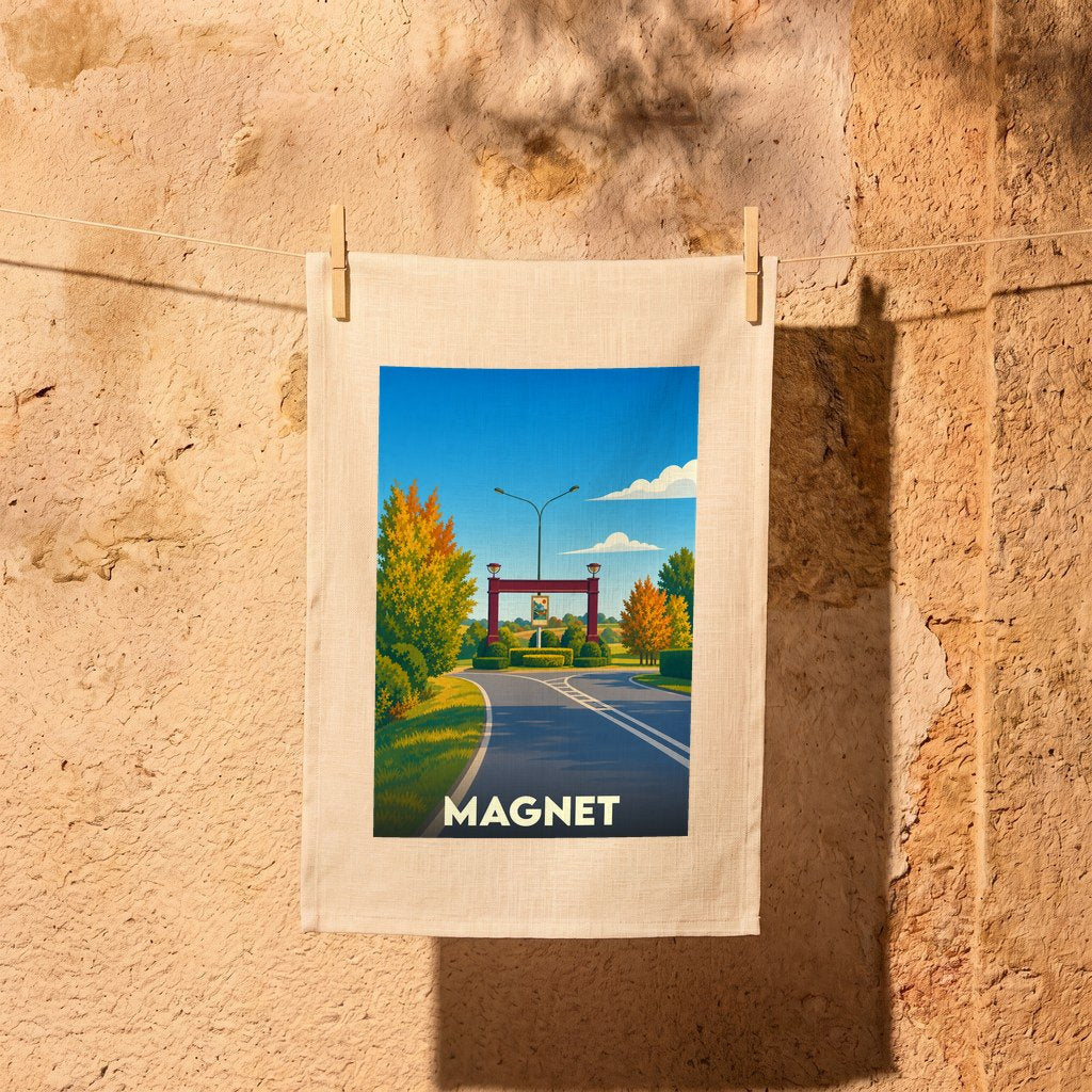 Torchon souvenir de la ville de Magnet avec une illustration stylisée d'un paysage routier automnal.