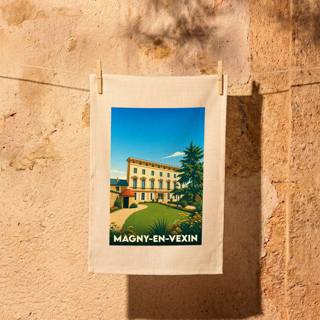 Torchon souvenir de la ville de Magny-en-Vexin avec une illustration stylisée d'un domaine arboré.
