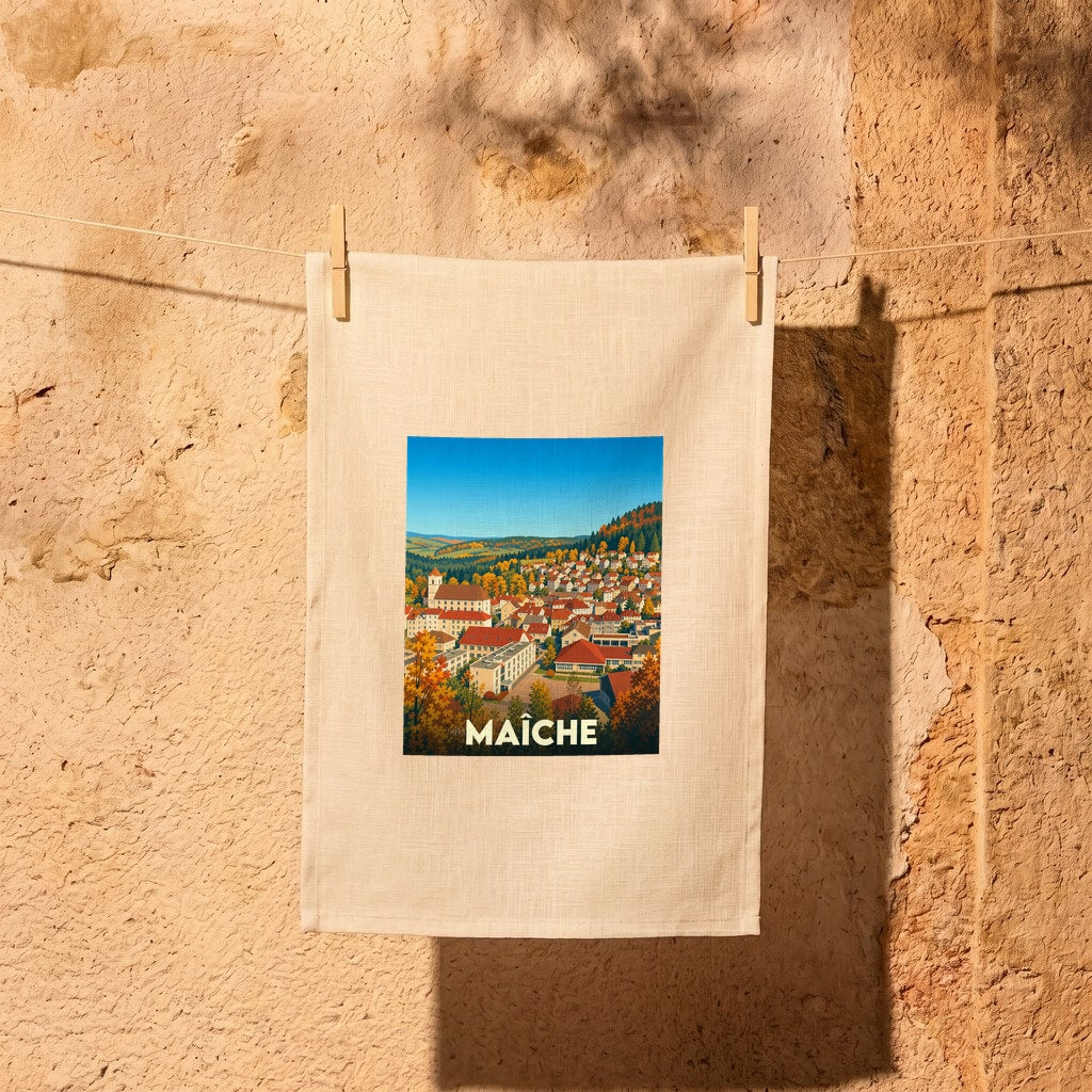 Torchon souvenir de la ville de Maîche avec une illustration stylisée d'un paysage automnal.