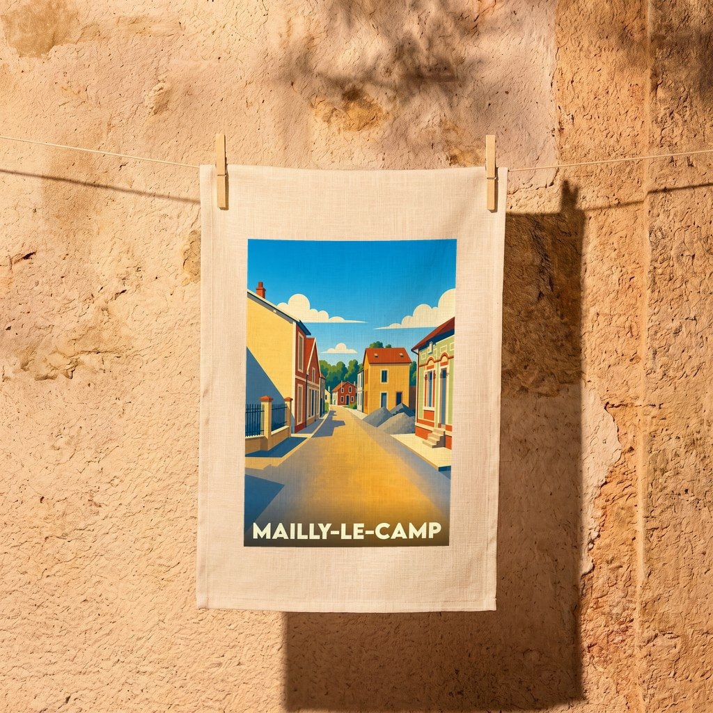 Torchon souvenir de la ville de Mailly-le-Camp avec une illustration stylisée d'une rue ensoleillée.
