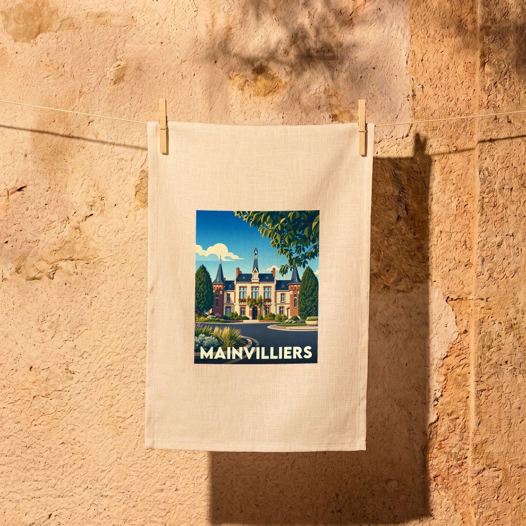 Torchon souvenir de la ville de Mainvilliers avec une illustration stylisée de son hôtel de ville.