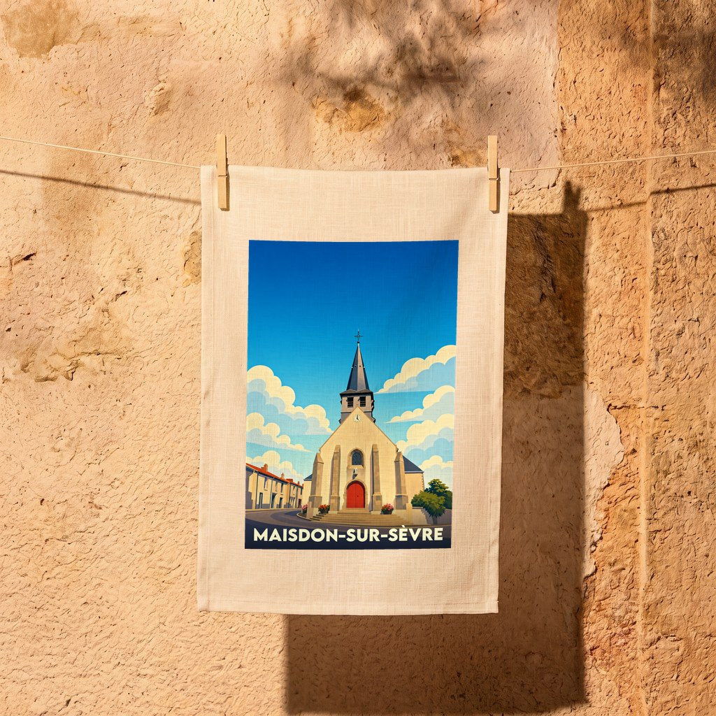 Torchon souvenir de Maisdon-sur-Sèvre illustré d'une église sous un ciel bleu stylisé.