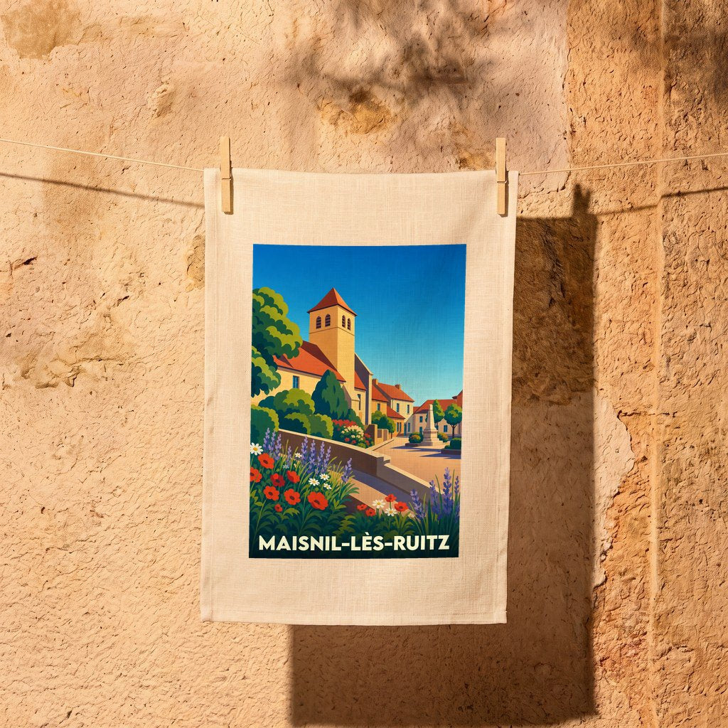 Torchon souvenir de la ville de Maisnil-lès-Ruitz orné d'une illustration stylisée de son église et de fleurs colorées.