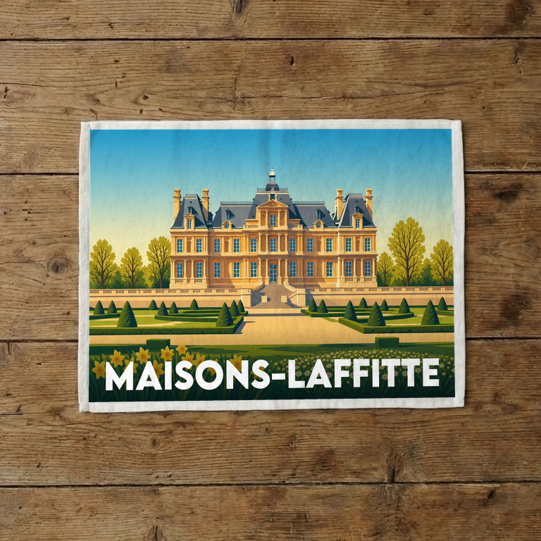 Torchon souvenir de la ville de Maisons-Laffitte avec une illustration stylisée de son château.