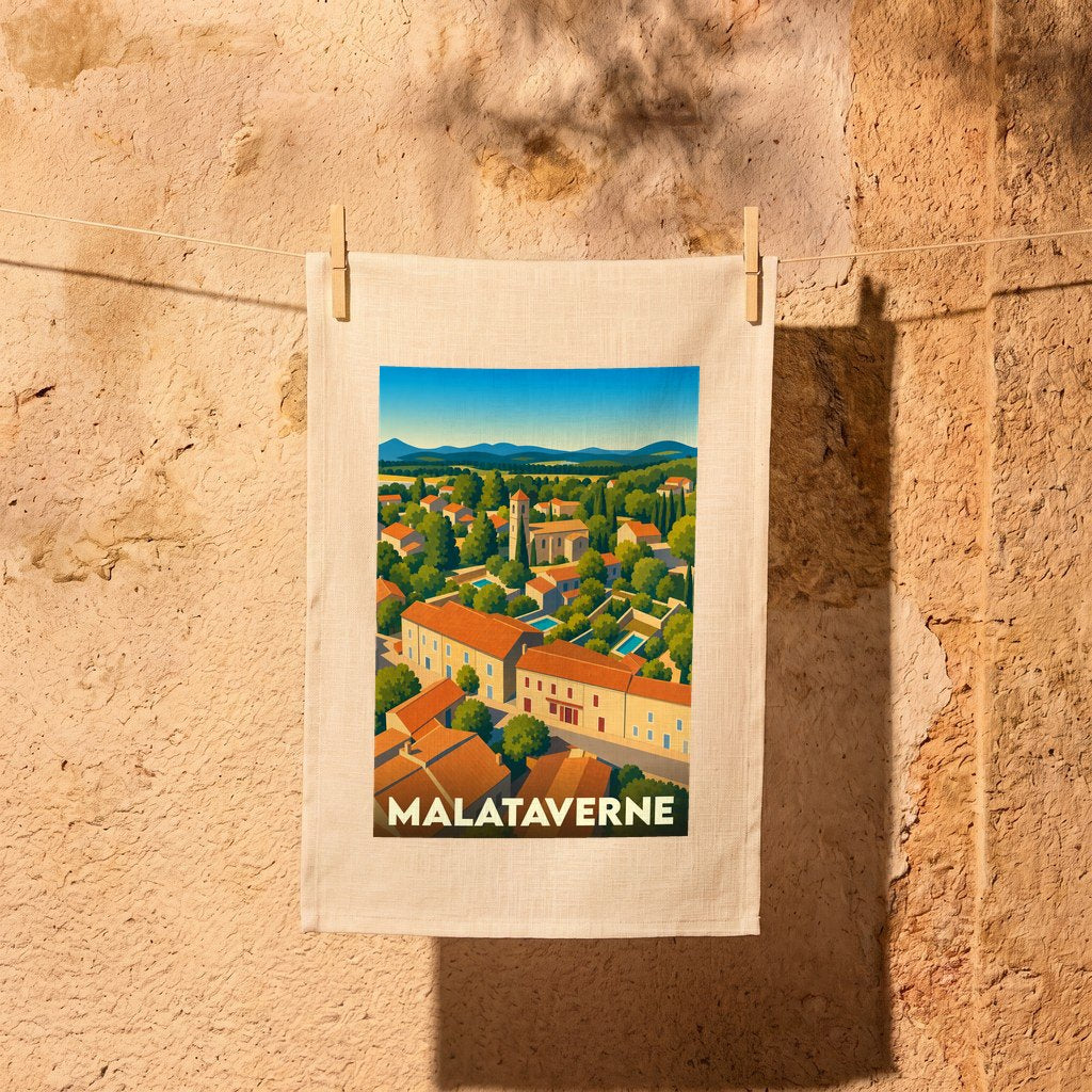 Torchon souvenir de la ville de Malataverne avec une illustration stylisée d'un village provençal.