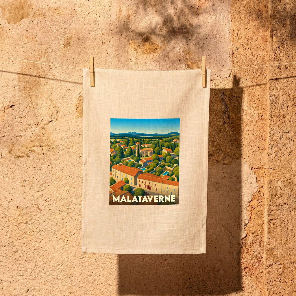 Torchon souvenir de la ville de Malataverne avec une illustration stylisée d'un village provençal.