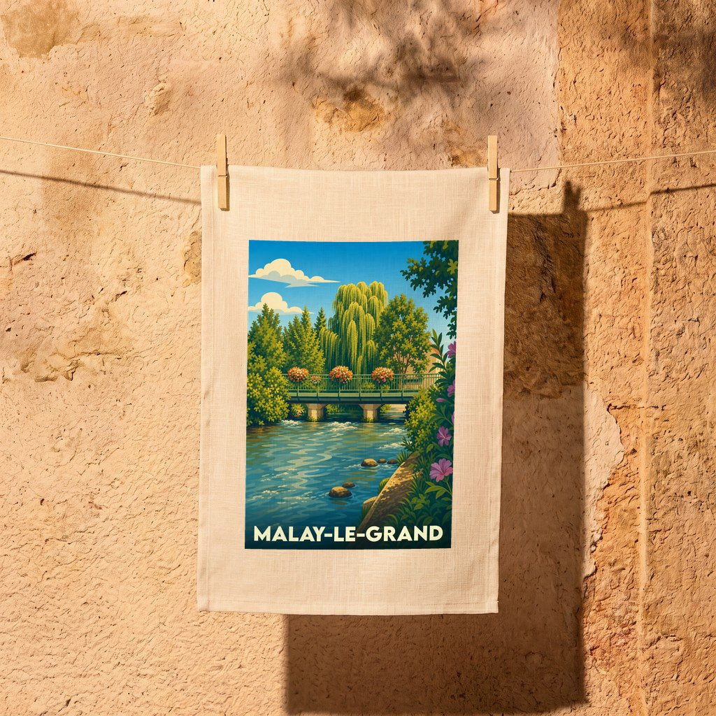 Torchon souvenir de la ville de Malay-le-Grand illustré par un paysage de rivière paisible sous un pont fleuri.