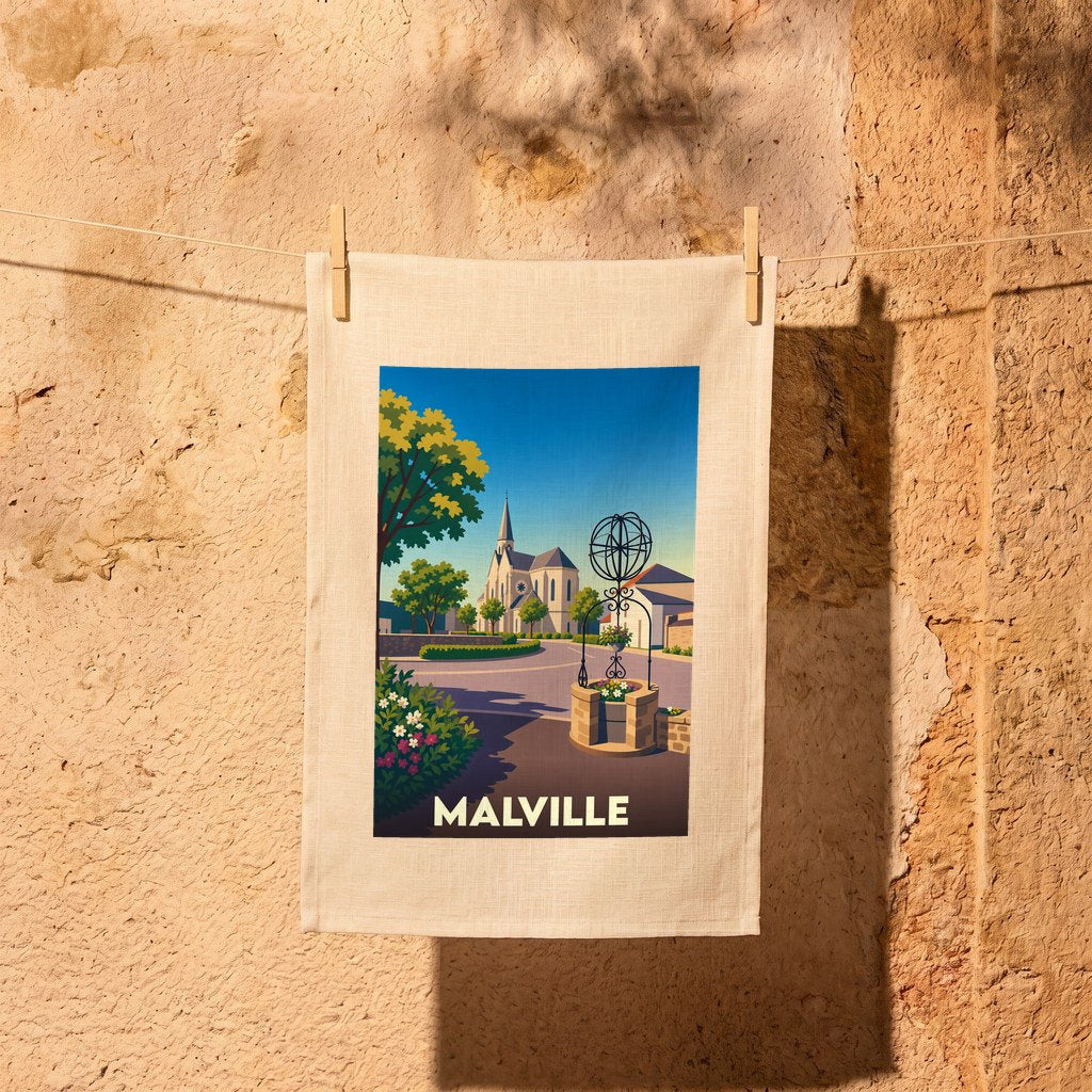 Torchon souvenir de la ville de Malville avec une illustration stylisée d'une place de village.