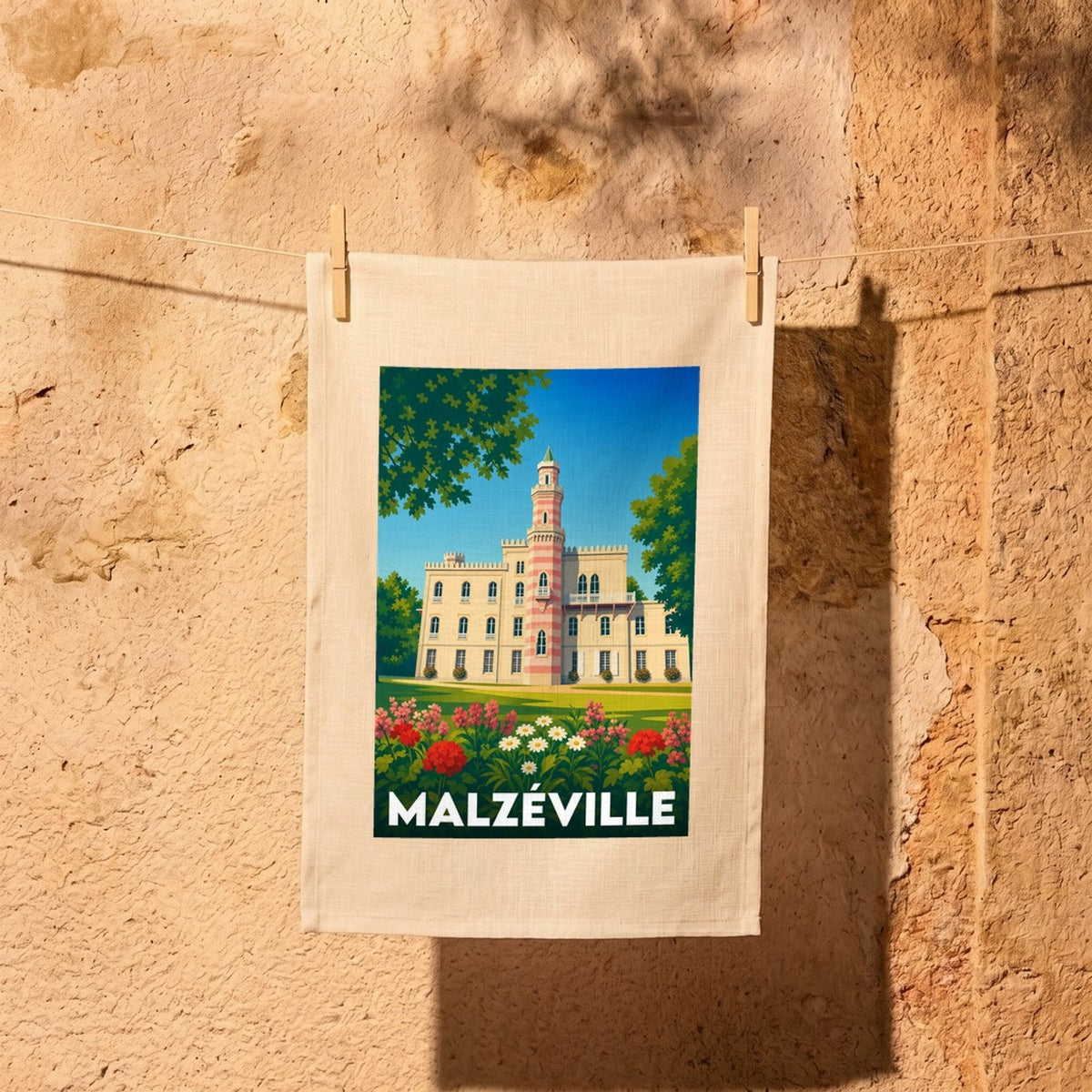 Torchon souvenir de la ville de Malzéville illustré d'un château néogothique entouré de verdure.