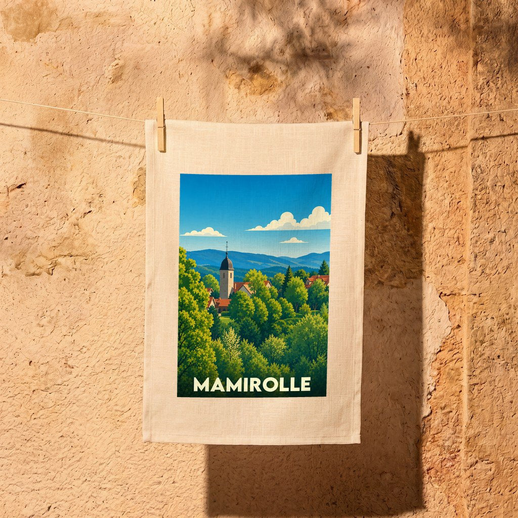 Torchon souvenir de la ville de Mamirolle orné d'une illustration paysagère stylisée.
