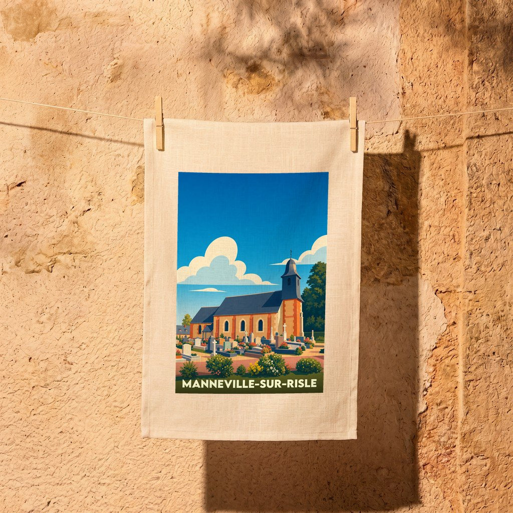 Torchon souvenir de la ville de Manneville-sur-Risle avec une illustration stylisée de son église et de son cimetière.