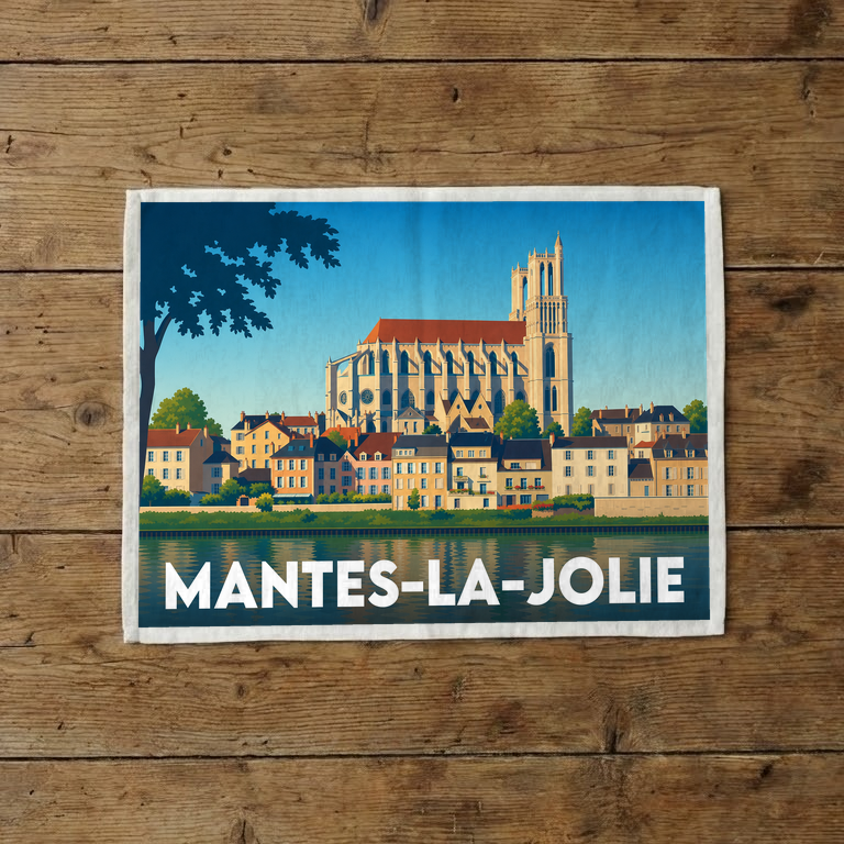 Torchon souvenir de la ville de Mantes-la-Jolie avec une illustration stylisée.