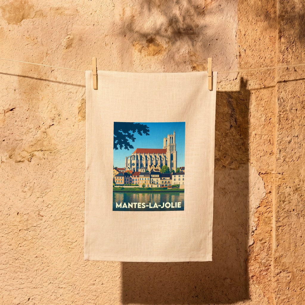 Torchon souvenir de la ville de Mantes-la-Jolie avec une illustration stylisée.