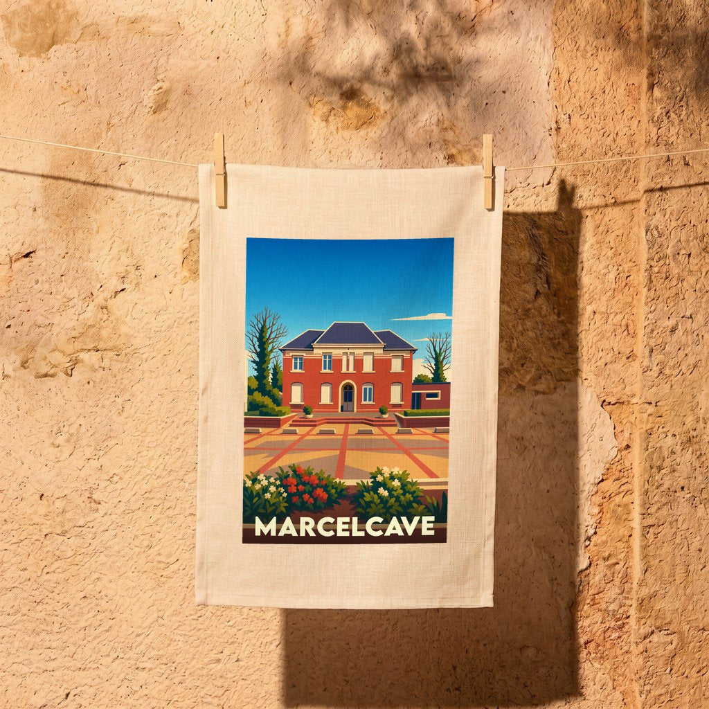 Torchon souvenir de la ville de Marcelcave avec une illustration stylisée.